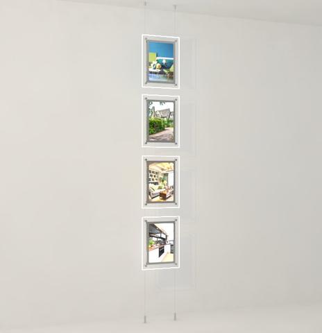 Shop window advertising rope system with double-sided LED acrylic poster pockets with front fastening DIN A4