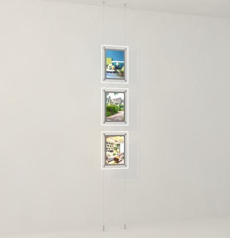 Schaufensterwerbung-Seilsystem mit doppelseitige LED Acryl- Postertaschen mit frontaler Befestigung DIN A4