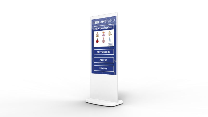 Free-standing digital information stele with multi-touch screen and Android media player, in white or black